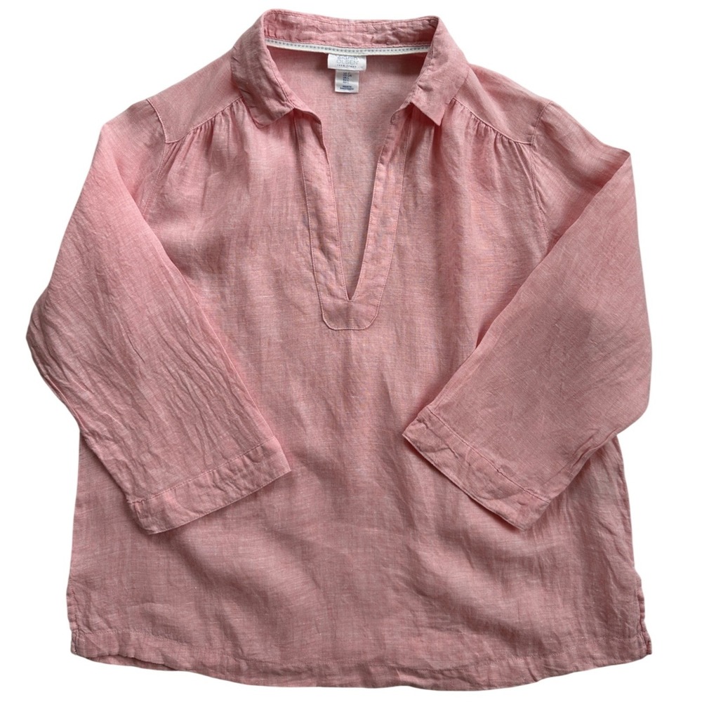 Sigrid Olsen Linen Tunic Women Large Pink V-Neck 3/4 Sleeve Excellent Coastal